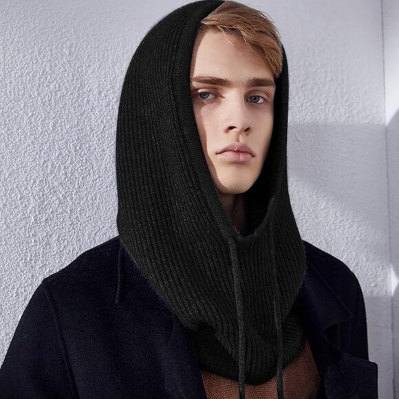 Women's Scarf Hat Balaclava Beanie Skull Cap with Drawstring Warm Light Black - Picture 7 of 7